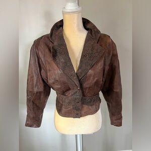Chia Woman’s Dark Brown Printed Cropped Thick Moto Leather Jacket Size XS